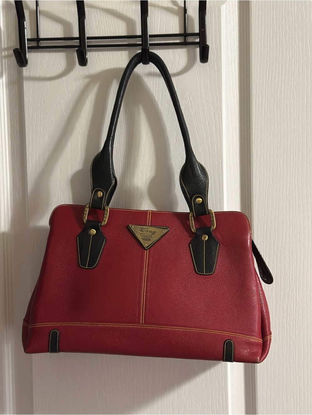 Classic Red Genuine Leather Satchel Handbag with Black Trim